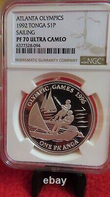 1992 Tonga Sailing Boat Silver One Pa'Anga Atlanta Olympics 1 oz NGC PR PF 70