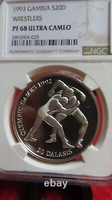 1993 Gambia WRESTLING Olympic Games 1992 20 Dalasis 1oz. 925 Silver NGC PF68