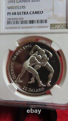 1993 Gambia WRESTLING Olympic Games 1992 20 Dalasis 1oz. 925 Silver NGC PF68