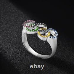 Pretty Round Cut Simulated Multi stone Olympic Symbol Ring 14K White Gold Plated