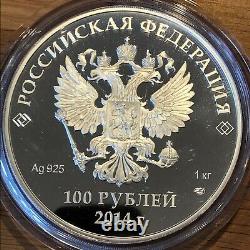 Russia 100 rubles 1 kg Silver Proof 2014 Sochi Olympics Snowball Fight Y#1497